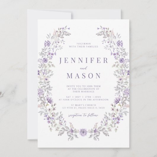Paarse delicate bloemenkrans zomerbruiloft kaart (Voorkant)