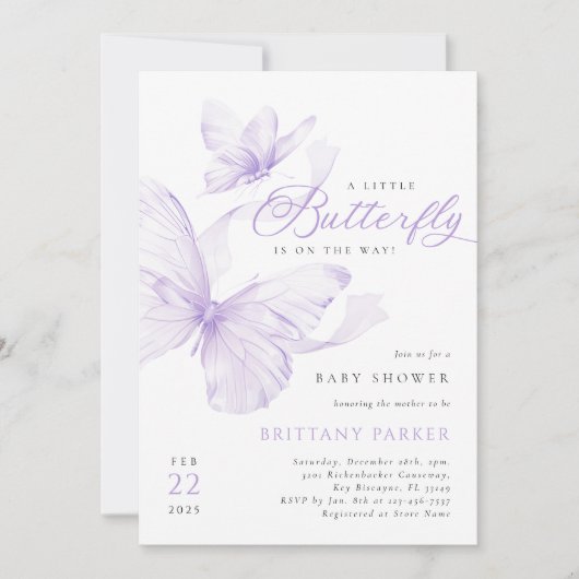 Paarse delicate vlinder Baby shower uitnodiging (Voorkant)