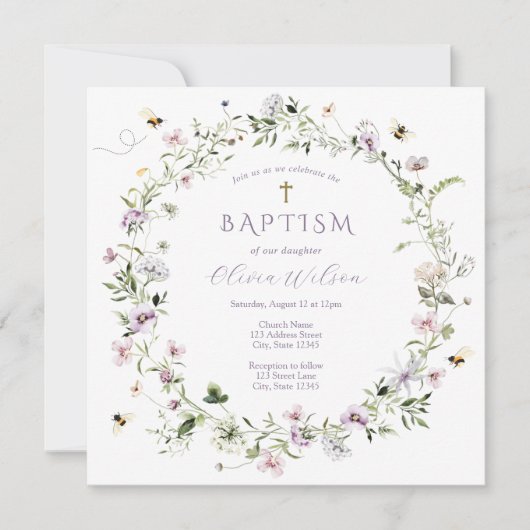 Paarse Delicate Wildflower Baptisme Uitnodiging (Voorkant)