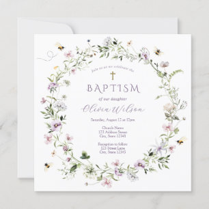 Paarse Delicate Wildflower Baptisme Uitnodiging