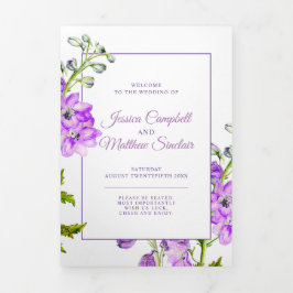 Paarse Delphinium Bloemen waterverf Bruiloft Drieluik Programma