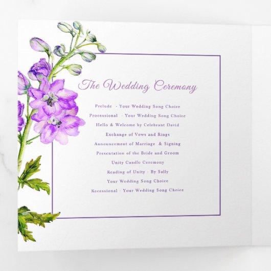 Paarse Delphinium Bloemen waterverf Bruiloft Drieluik Programma (Binnenzijde eerst)