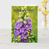 Paarse Delphinium Flower Art Verjaardag Kaart (Gele Bloem)