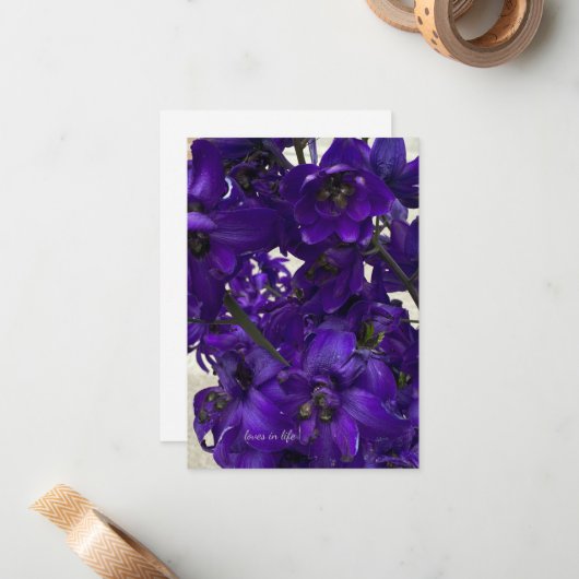 Paarse Delphinium Notitiekaartje (Voorkant / Achterkant in situ)