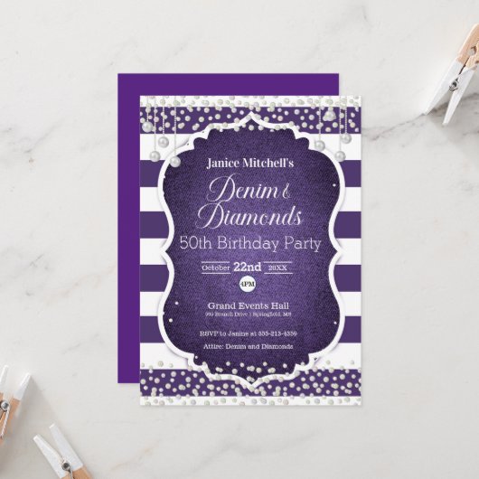 Paarse Denim en Diamonds Verjaardagsuitnodiging Kaart (Voorkant / Achterkant in situ)