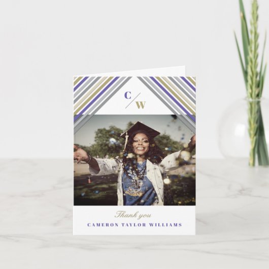 Paarse diagonale strepen Foto modern Afstuderen Bedankkaart (Voorkant)