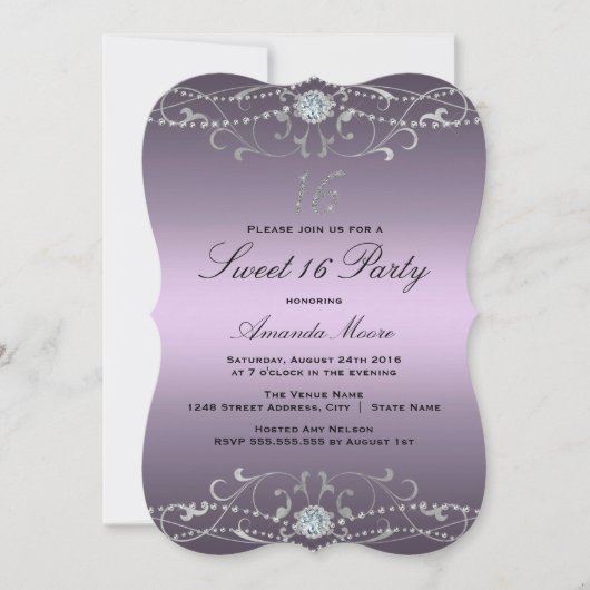 Paarse Diamant Damast Sweet 16 Uitnodiging (Voorkant)