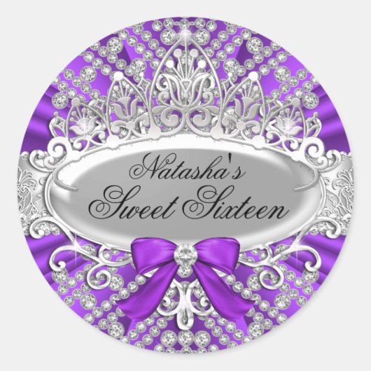 Paarse Diamant & Tiara Sweet 16 Sticker (Voorkant)
