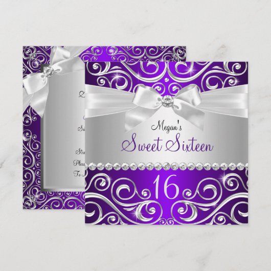 Paarse  diamantboeg Sparkle Swirl Sweet 16 Kaart (Voorkant / Achterkant)