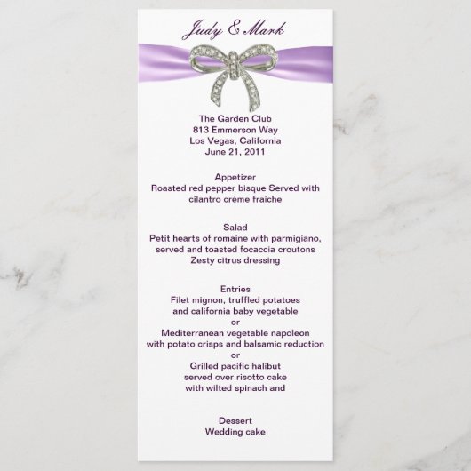 Paarse Diamanten Boog Bruiloft Menu Kaart (Voorkant)