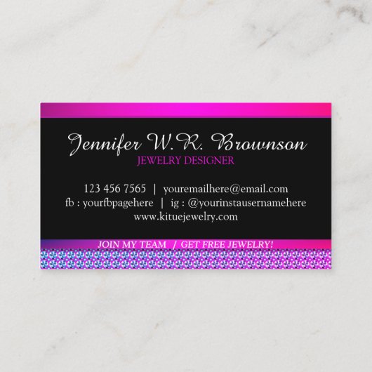 Paarse diamantjuwelen visitekaartje (Achterkant)