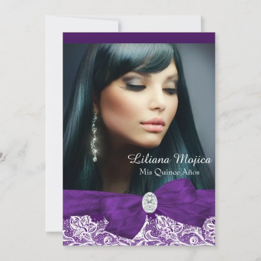 Paarse Diamond Bow en Lace Quinceanera Kaart (Voorkant)