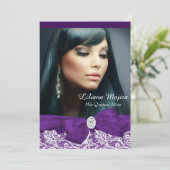 Paarse Diamond Bow en  Lace Quinceanera Kaart (Staand voorkant)