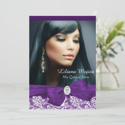 Paarse Diamond Bow en Lace Quinceanera Kaart (Staand voorkant)