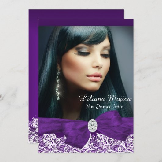 Paarse Diamond Bow en  Lace Quinceanera Kaart (Voorkant / Achterkant)