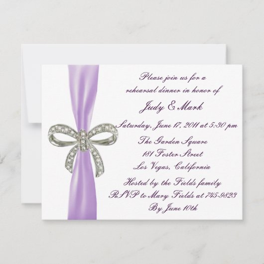 Paarse Diamond Bow Wedding Rehearsal Dinner Invite Kaart (Voorkant)