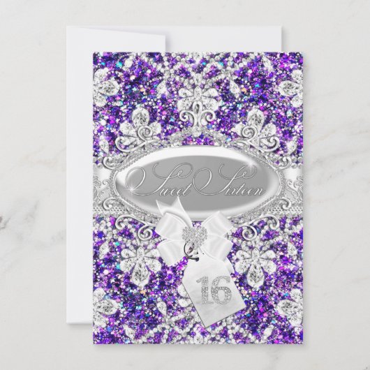 Paarse Diamond Glitter Princess Sweet 16 Invite Kaart (Voorkant)