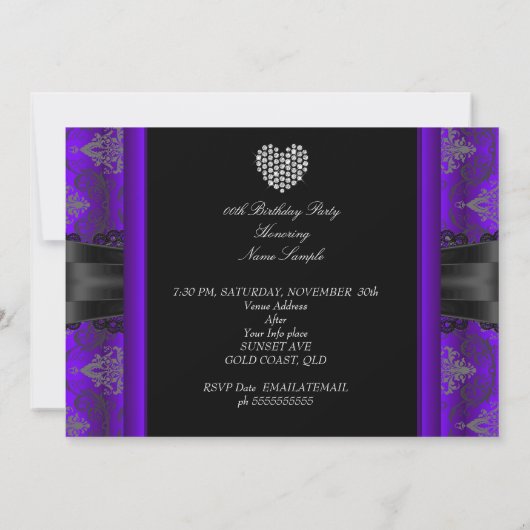 Paarse Diamond Heart Damask Birthday Party Kaart (Achterkant)