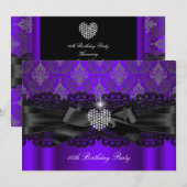Paarse Diamond Heart Damask Birthday Party Kaart (Voorkant / Achterkant)