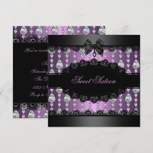Paarse Diamond & Lace Sweet16 Invite Kaart (Voorkant / Achterkant)