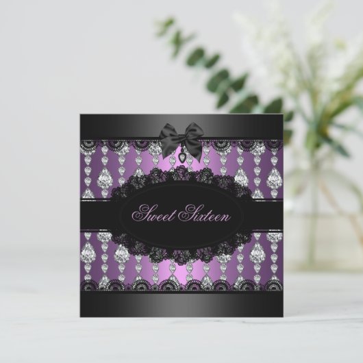 Paarse Diamond & Lace Sweet16 Invite Kaart (Staand voorkant)