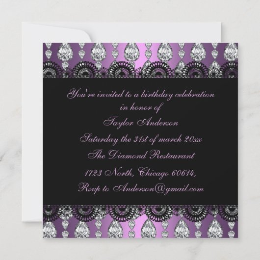 Paarse Diamond & Lace Sweet16 Invite Kaart (Achterkant)