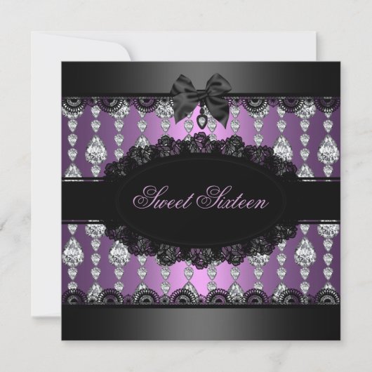 Paarse Diamond & Lace Sweet16 Invite Kaart (Voorkant)