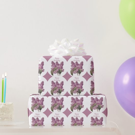 Paarse Diamond Print met Lila bloemen 'Birthday' Cadeaupapier (Feestgeschenken)