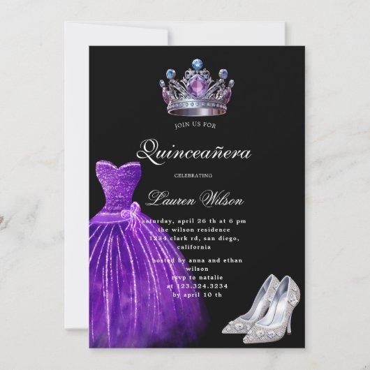 Paarse Diamond Queen Exclusive Quinceañera Kaart (Voorkant)