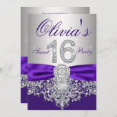 Paarse Diamond Sweet 16 Party Kaart (Voorkant / Achterkant)