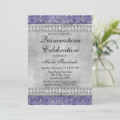 Paarse Diamonds Quinceañera Invitation Silver Glam Kaart (Staand voorkant)
