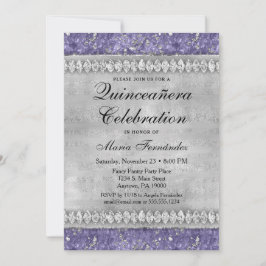 Paarse Diamonds Quinceañera Invitation Silver Glam Kaart