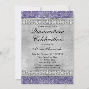 Paarse Diamonds Quinceañera Invitation Silver Glam Kaart