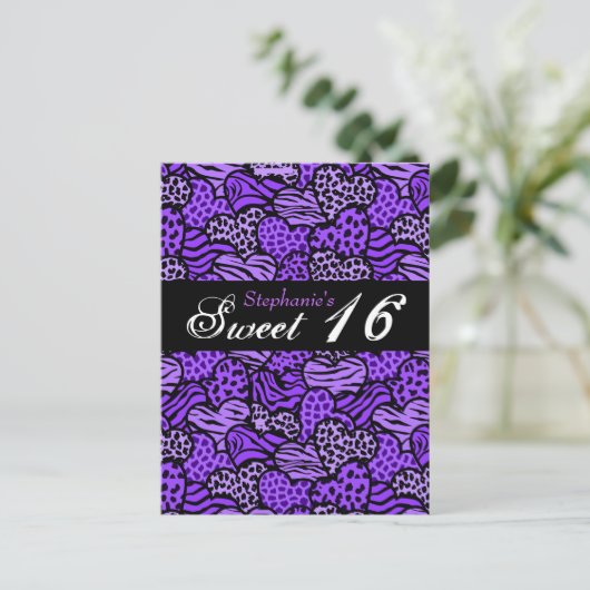 Paarse dierpatroon harten Sweet 16 ansichtkaart Briefkaart (Staand voorkant)