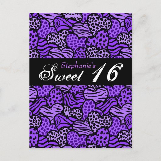 Paarse dierpatroon harten Sweet 16 ansichtkaart Briefkaart (Voorkant)