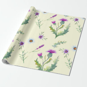  paarse dikke bloemen, gele achtergrond cadeaupapier