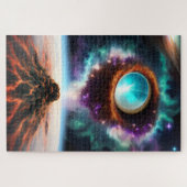 Paarse dimensie zweeft boven vulkanisch nevelstof legpuzzel (Horizontaal)