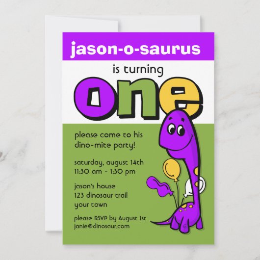 Paarse Dinosaur 1e verjaardag Kaart (Voorkant)