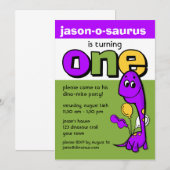 Paarse Dinosaur 1e verjaardag Kaart (Voorkant / Achterkant)