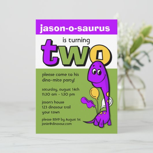 Paarse Dinosaur 2e verjaardag Kaart (Staand voorkant)