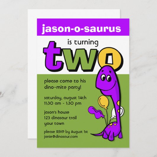 Paarse Dinosaur 2e verjaardag Kaart (Voorkant / Achterkant)