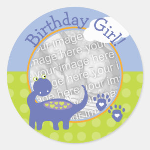 Paarse Dinosaur Birthday Girl met Stippen Foto Ronde Sticker