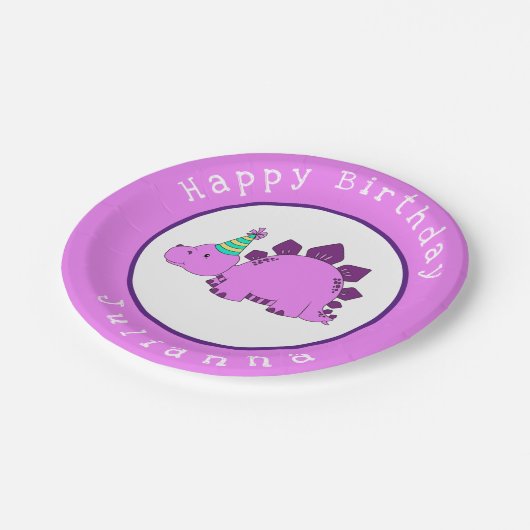 Paarse Dinosaur Birthday Party Papieren Bordje (Gekanteld)