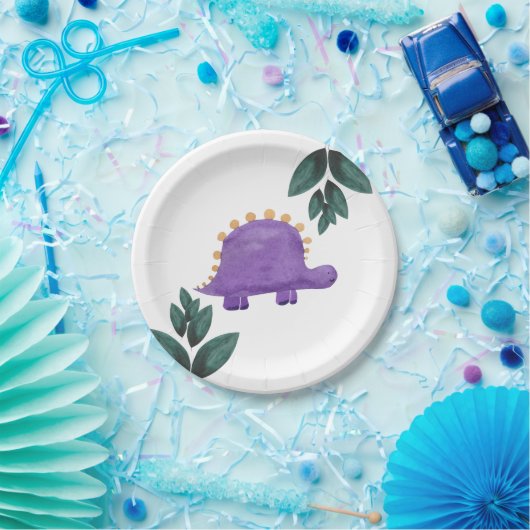 Paarse Dinosaur Kind Groene Dino Birthday Papieren Bordje (Feest)