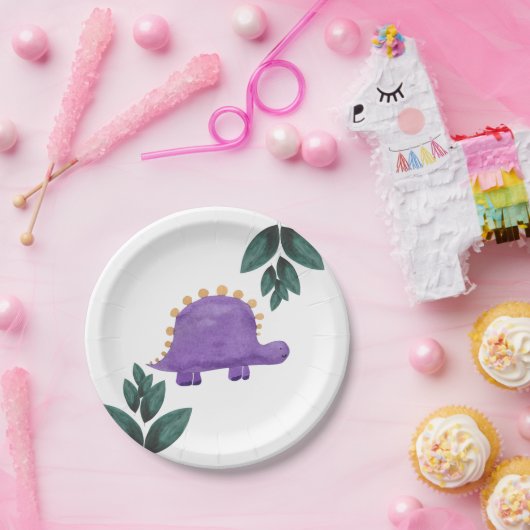 Paarse Dinosaur Kind Groene Dino Birthday Papieren Bordje (Feest)