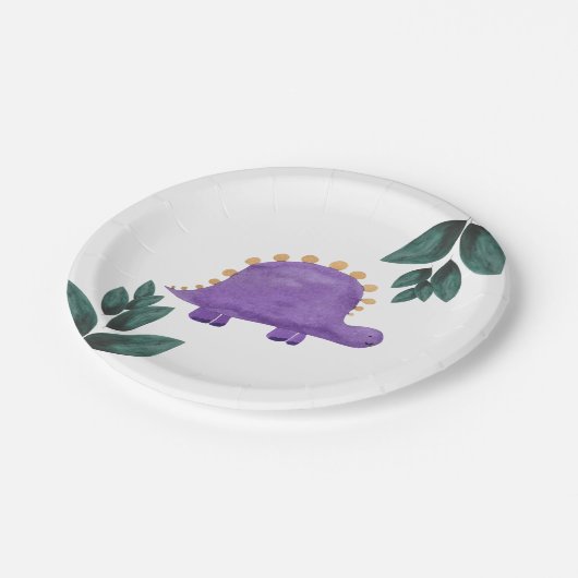 Paarse Dinosaur Kind Groene Dino Birthday Papieren Bordje (Gekanteld)