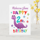 Paarse dinosaurus 2e verjaardag kaart (Gele Bloem)