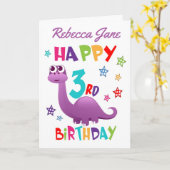 Paarse dinosaurus 3e verjaardag kaart (Gele Bloem)