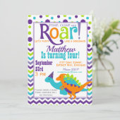 Paarse dinosaurus brullen verjaardagsfeestje kaart (Staand voorkant)