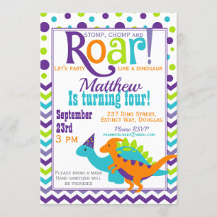 Paarse dinosaurus brullen verjaardagsfeestje kaart